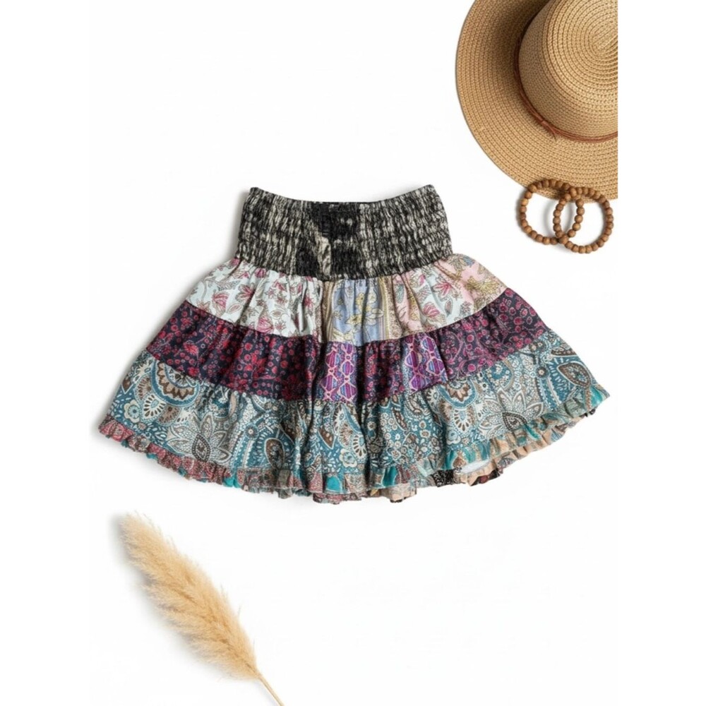 Karma Highway Boho Patchwork Mini Skirt One Size Paisley Tiered Festival 90s Y2K